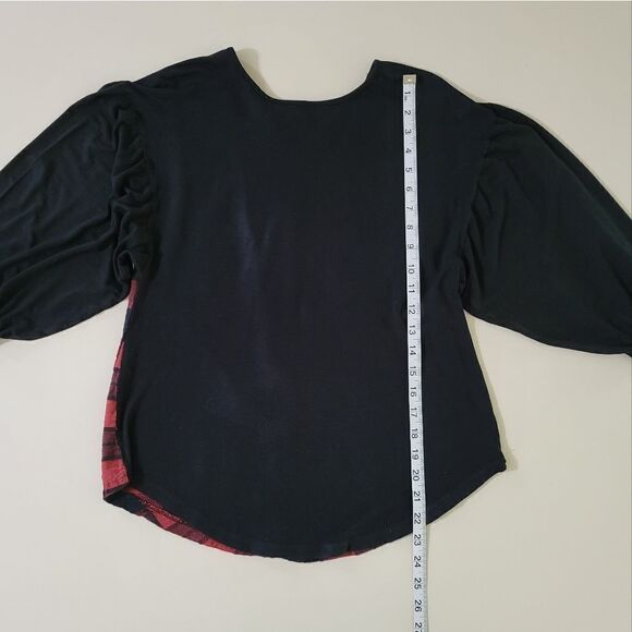 DayTrip Women's Black Balloon Sleeves Top with Buffalo Check Back - Picture 4 of 8